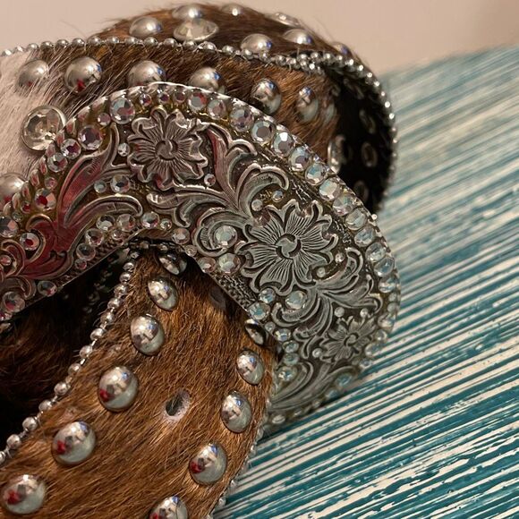 Nocona Women’s Leather/Calf Hair Rhinestone/Studs Western/Cowgirl Belt Size - Picture 14 of 14